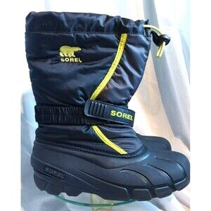 SOREL Flurry Padded Drawstring Snow Winter Weather Boot Youth 5 Black Neon Green